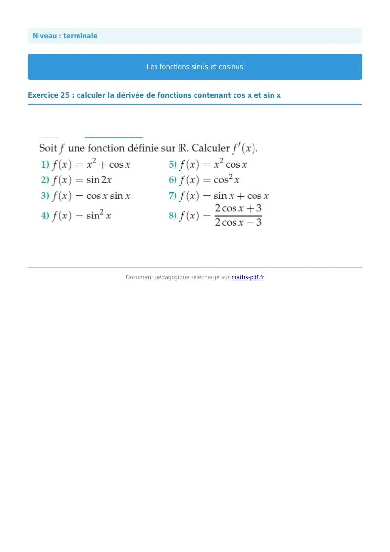 Fonctions sinus et cosinus : exercice n°25 de maths en terminale corrigé en PDF