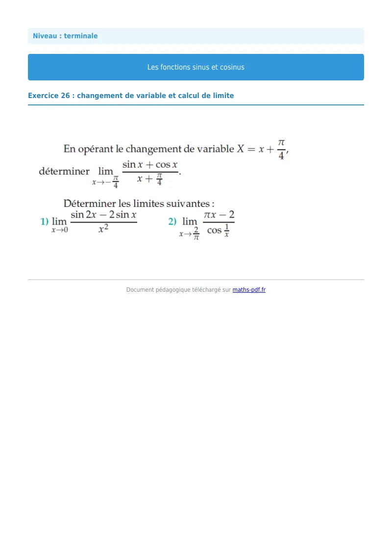 Fonctions sinus et cosinus : exercice n°26 de maths en terminale corrigé en PDF