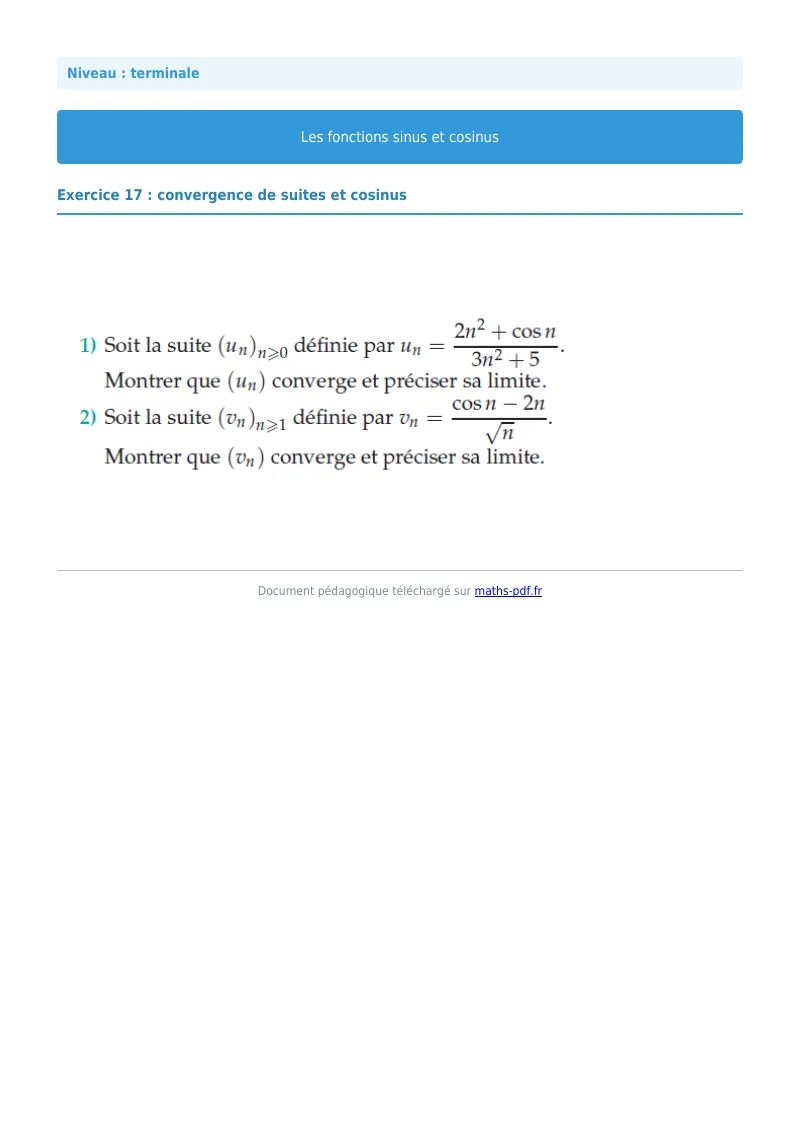 Fonctions sinus et cosinus : exercice n°17 de maths en terminale corrigé en PDF