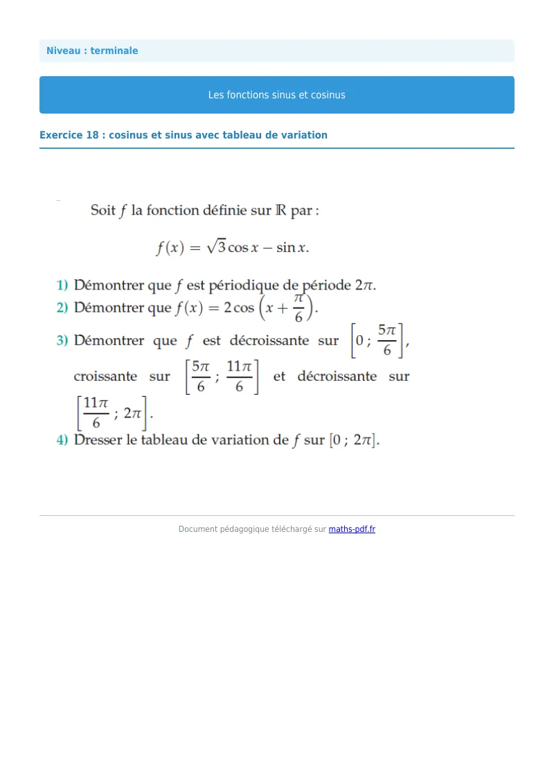 Fonctions sinus et cosinus : exercice n°18 de maths en terminale corrigé en PDF