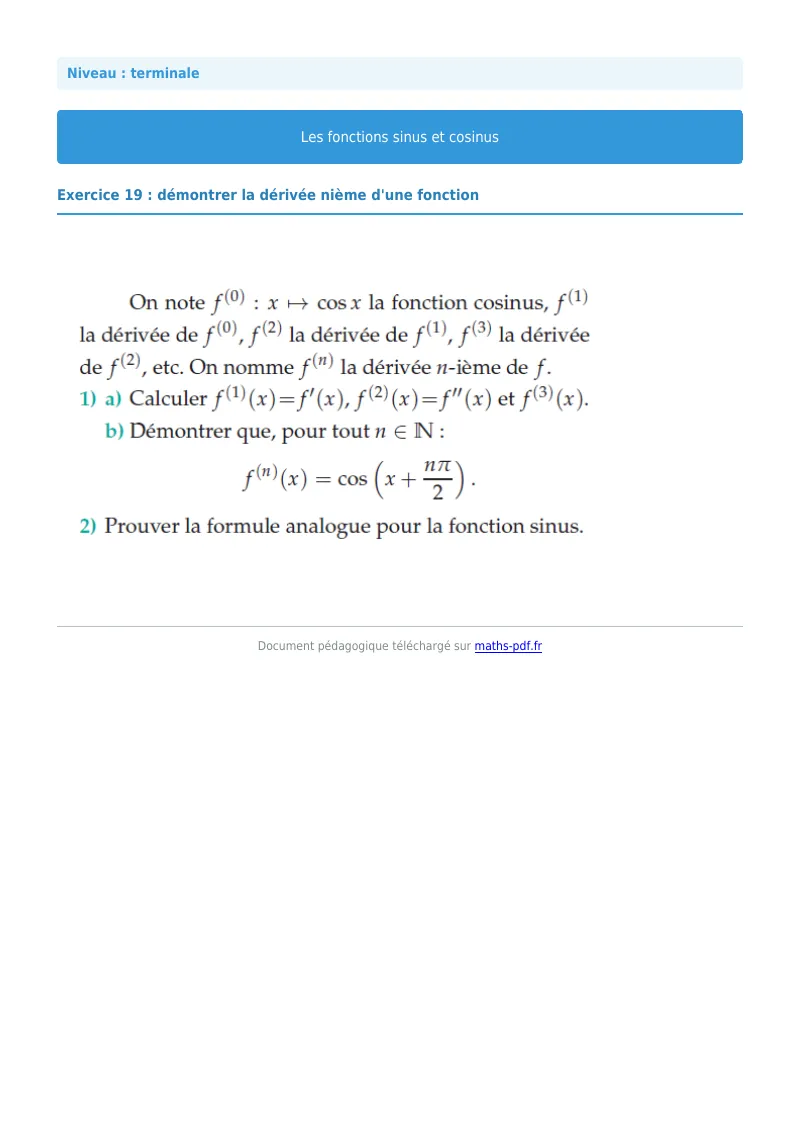 Fonctions sinus et cosinus : exercice n°19 de maths en terminale corrigé en PDF