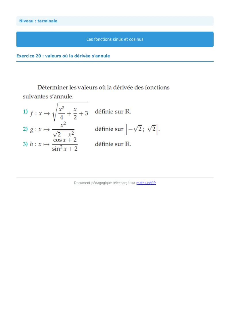 Fonctions sinus et cosinus : exercice n°20 de maths en terminale corrigé en PDF