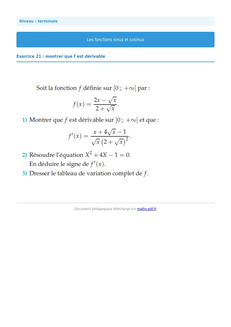 Fonctions sinus et cosinus : exercice n°21 de maths en terminale corrigé en PDF