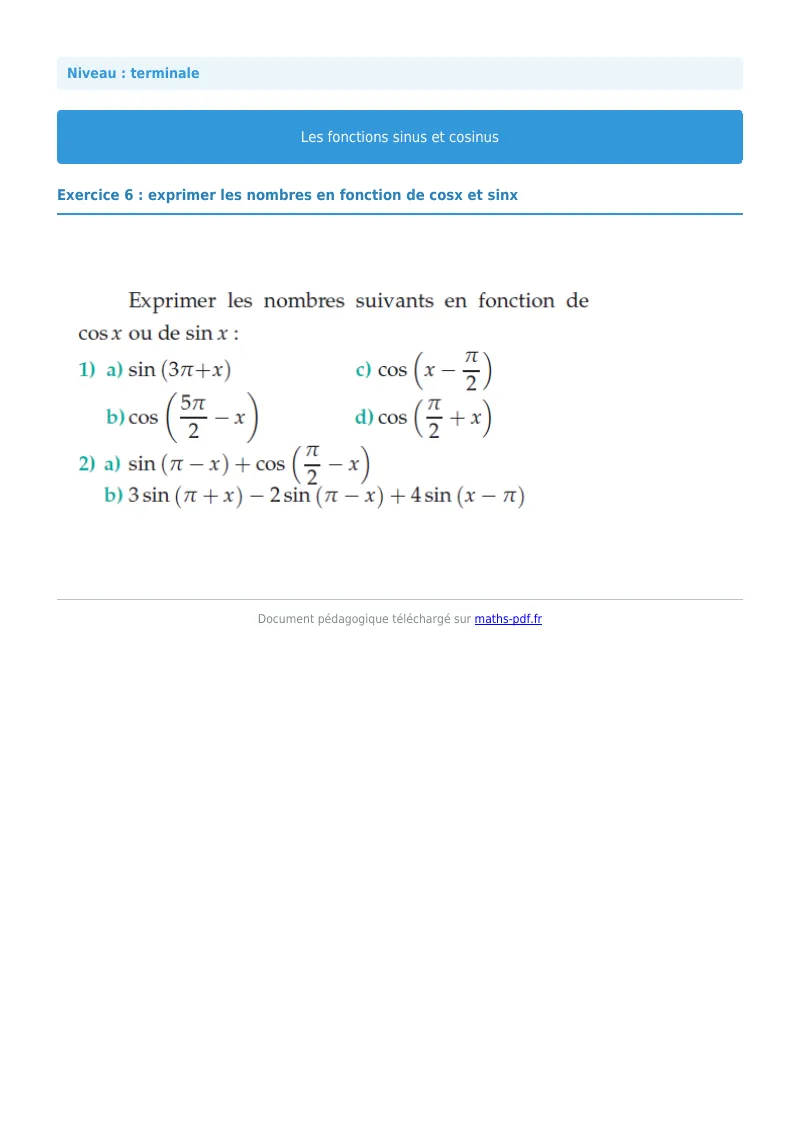 Fonctions sinus et cosinus : exercice n°6 de maths en terminale corrigé en PDF