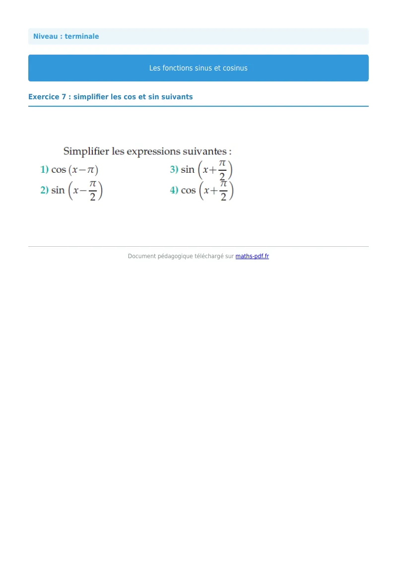 Fonctions sinus et cosinus : exercice n°7 de maths en terminale corrigé en PDF