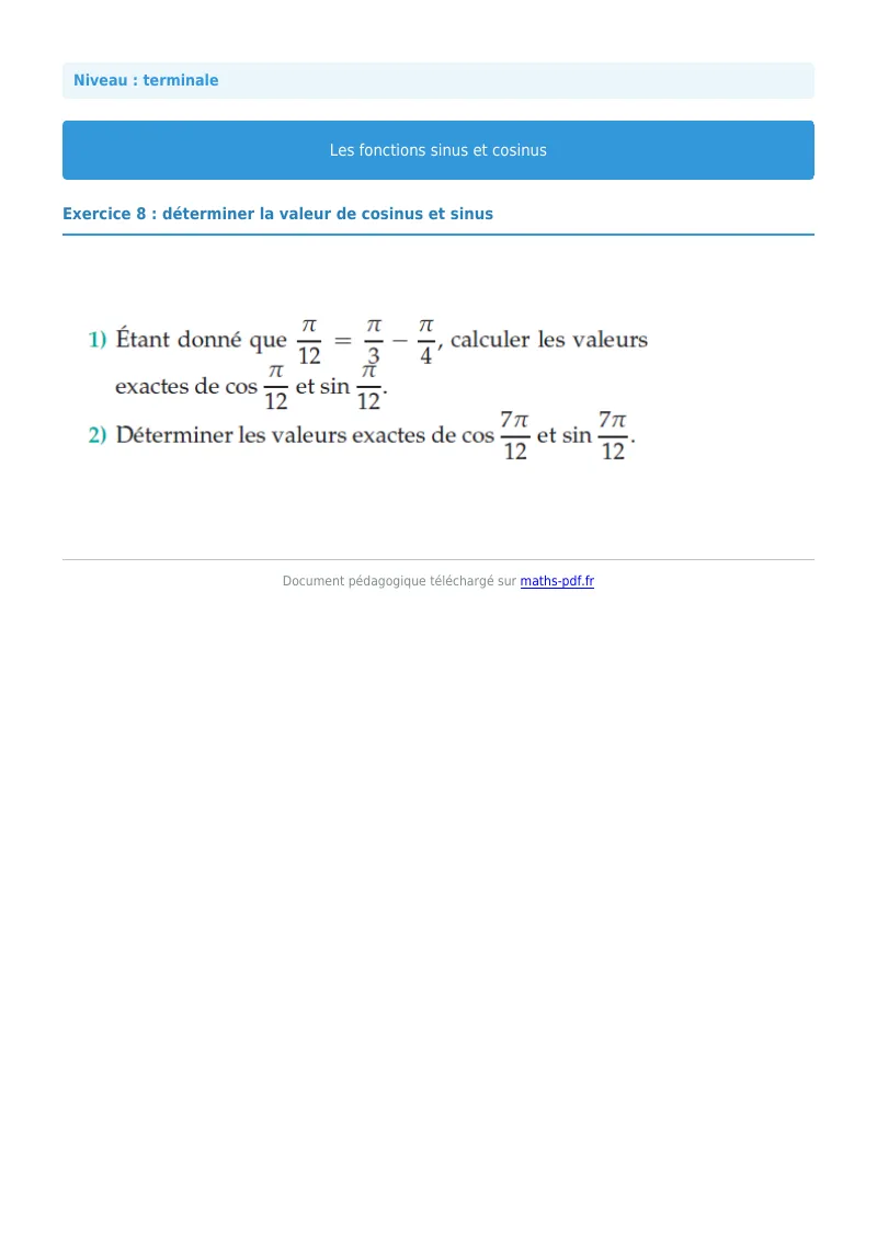 Fonctions sinus et cosinus : exercice n°8 de maths en terminale corrigé en PDF