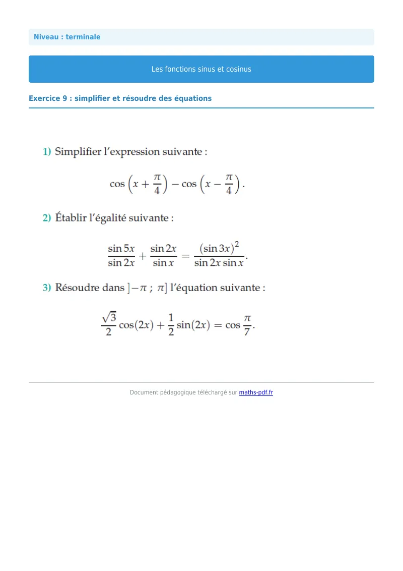Fonctions sinus et cosinus : exercice n°9 de maths en terminale corrigé en PDF