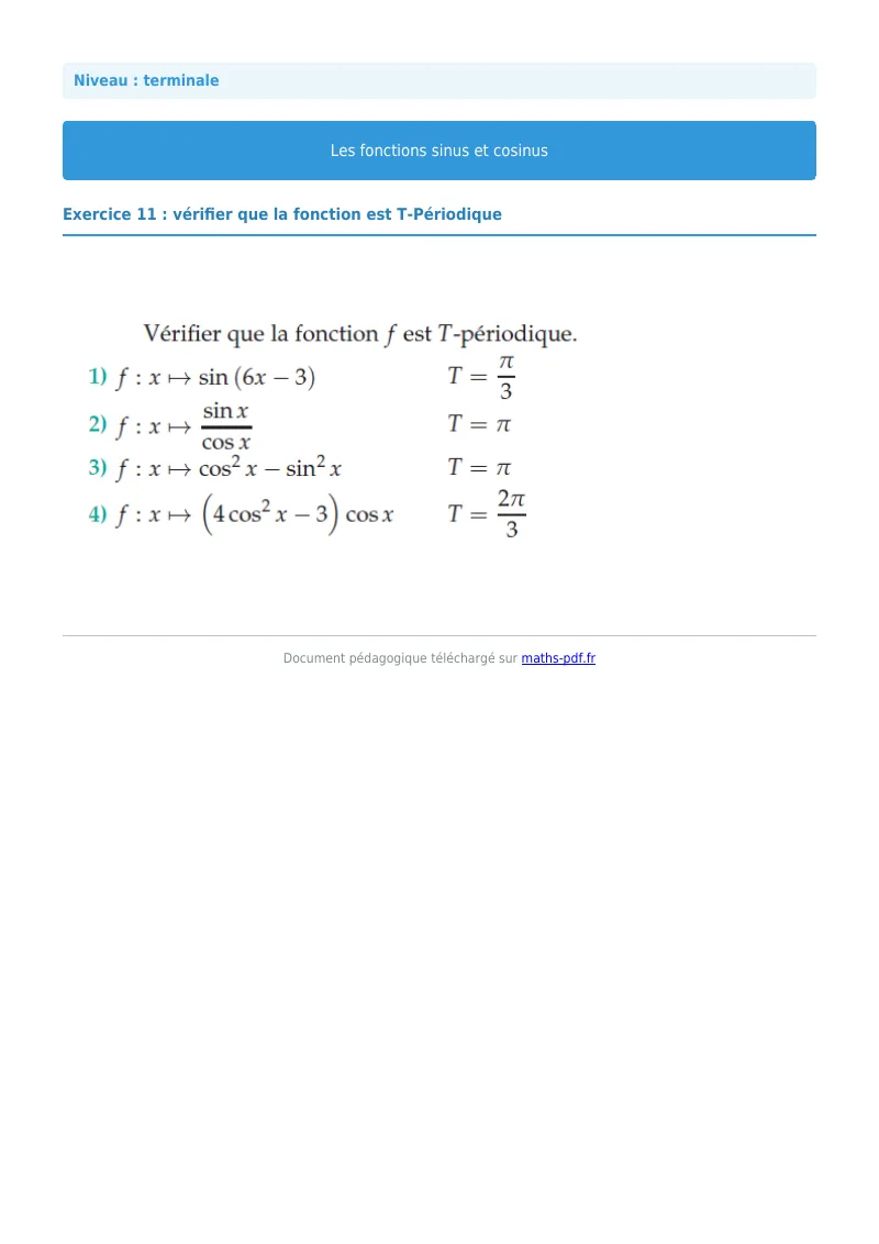 Fonctions sinus et cosinus : exercice n°11 de maths en terminale corrigé en PDF