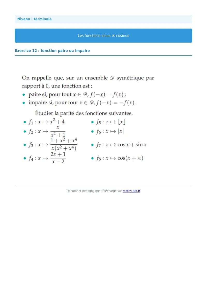 Fonctions sinus et cosinus : exercice n°12 de maths en terminale corrigé en PDF