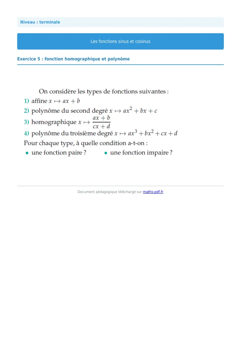 Fonctions sinus et cosinus : exercice n°5 de maths en terminale corrigé en PDF