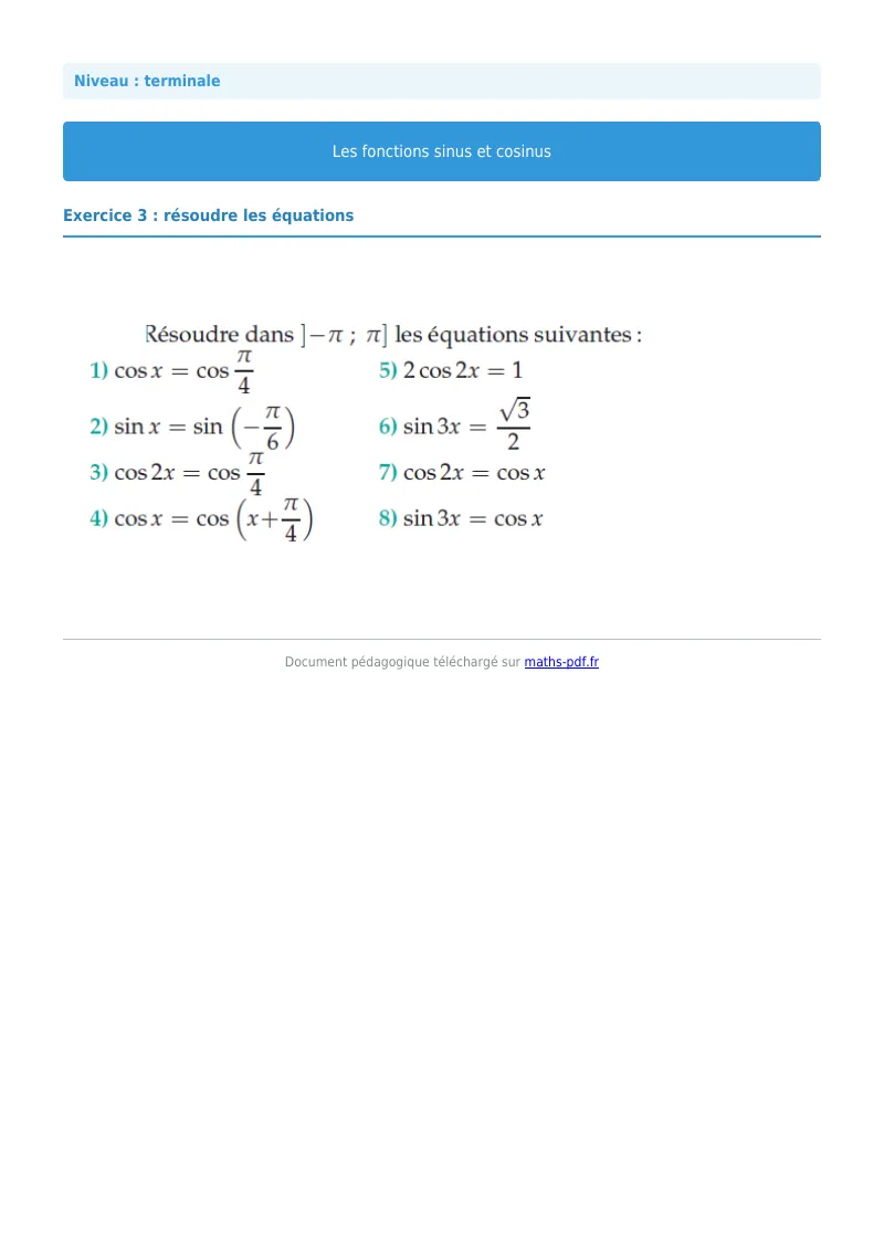 Fonctions sinus et cosinus : exercice n°3 de maths en terminale corrigé en PDF
