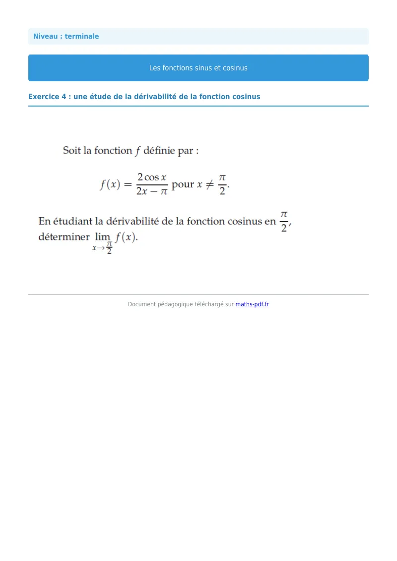 Fonctions sinus et cosinus : exercice n°4 de maths en terminale corrigé en PDF