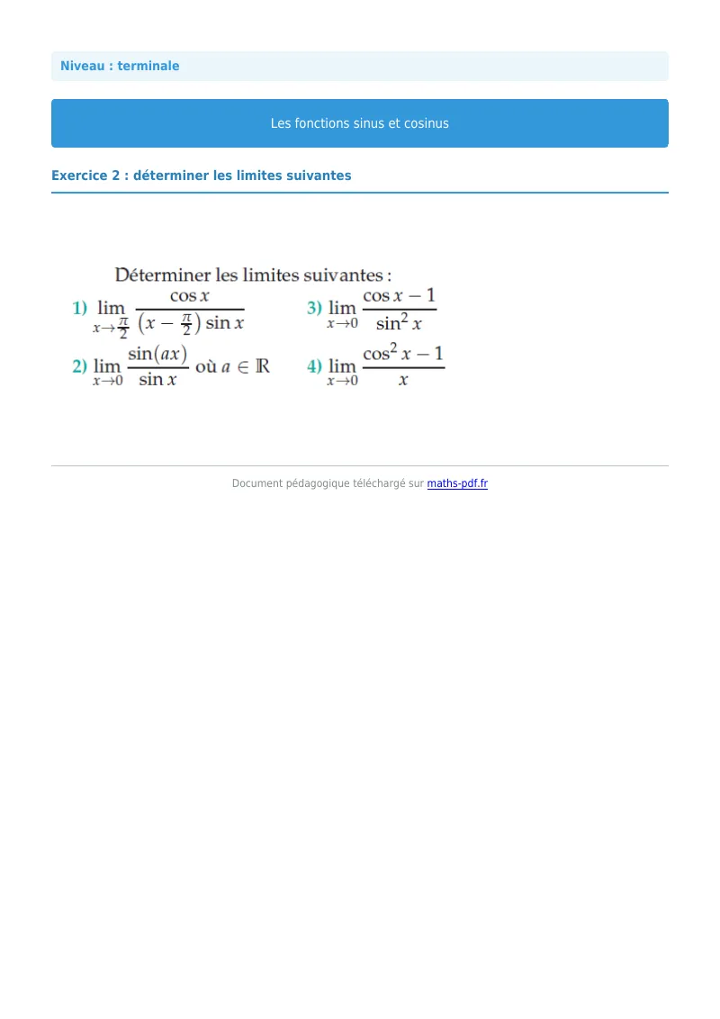 Fonctions sinus et cosinus : exercice n°2 de maths en terminale corrigé en PDF