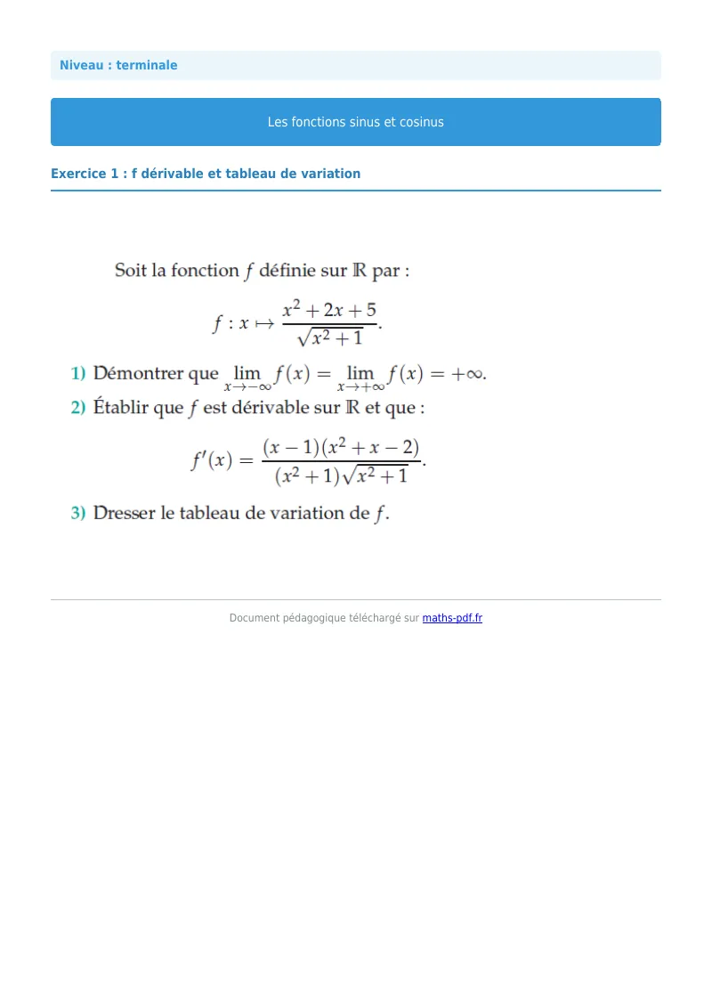 Fonctions sinus et cosinus : exercice n°1 de maths en terminale corrigé en PDF