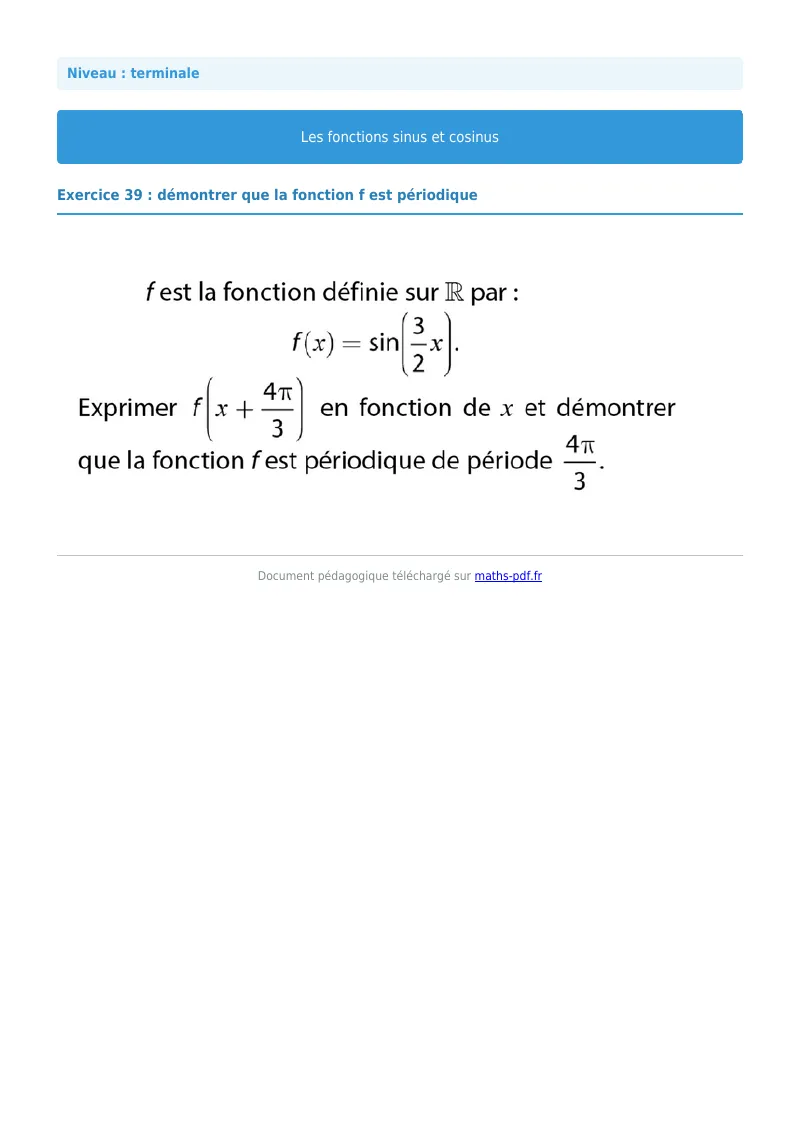 Fonctions sinus et cosinus : exercice n°39 de maths en terminale corrigé en PDF
