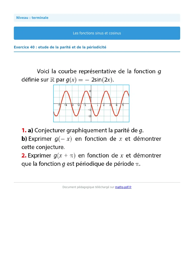 Fonctions sinus et cosinus : exercice n°40 de maths en terminale corrigé en PDF