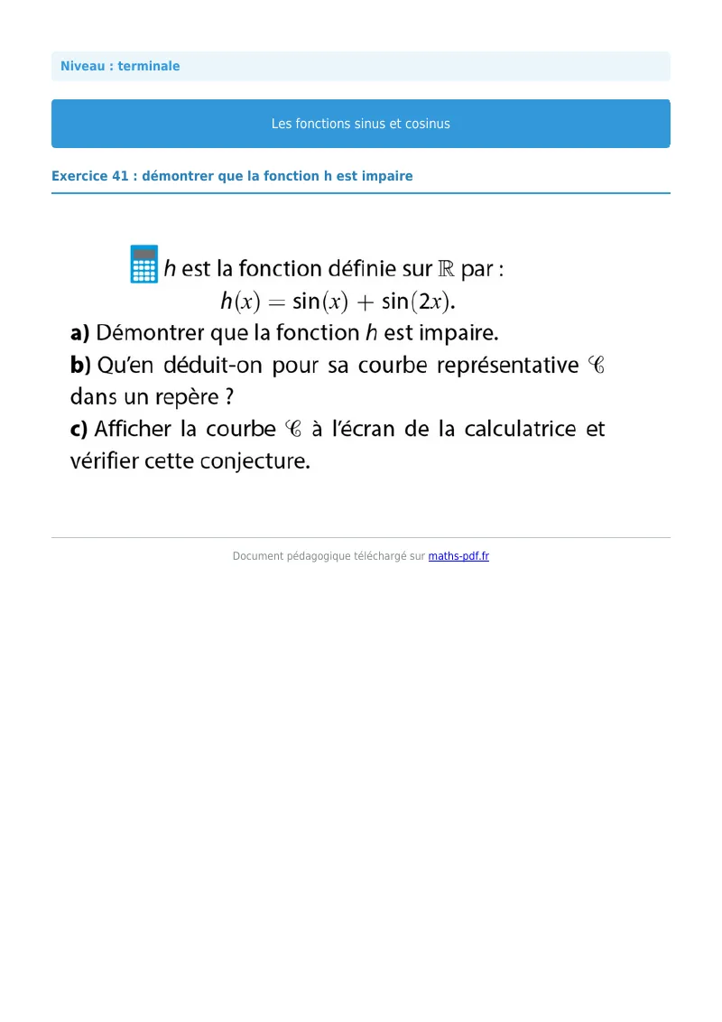 Fonctions sinus et cosinus : exercice n°41 de maths en terminale corrigé en PDF