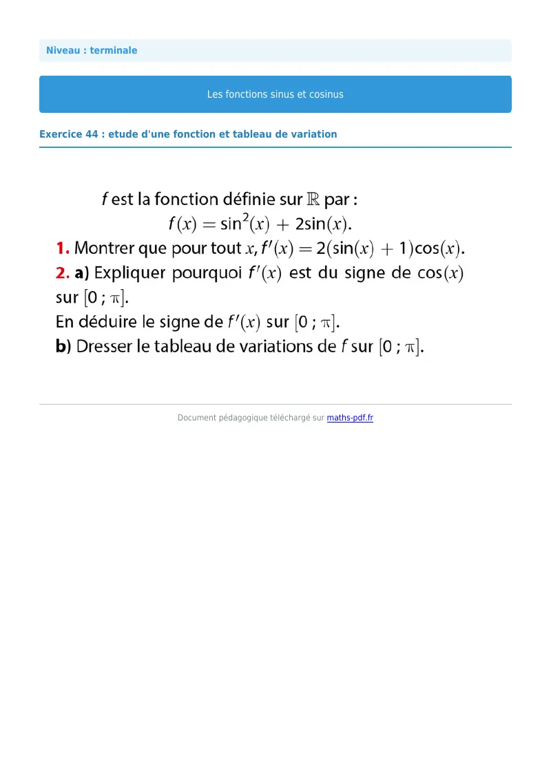 Fonctions sinus et cosinus : exercice n°44 de maths en terminale corrigé en PDF