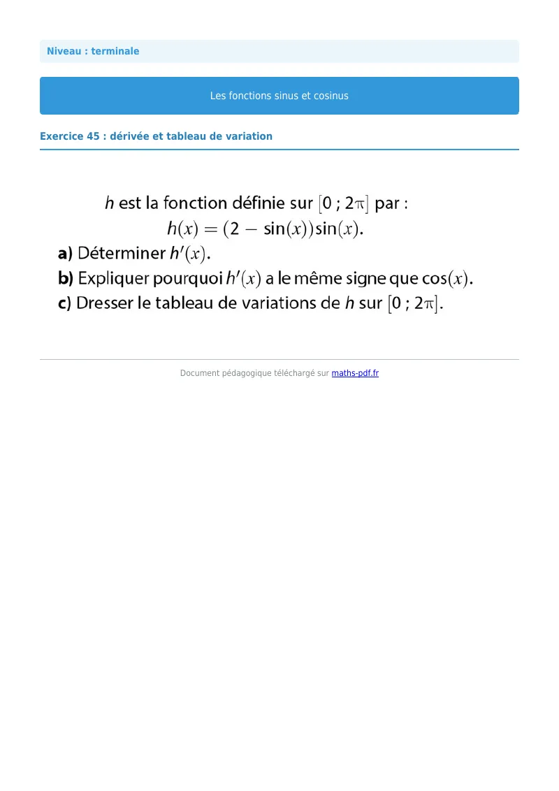 Fonctions sinus et cosinus : exercice n°45 de maths en terminale corrigé en PDF