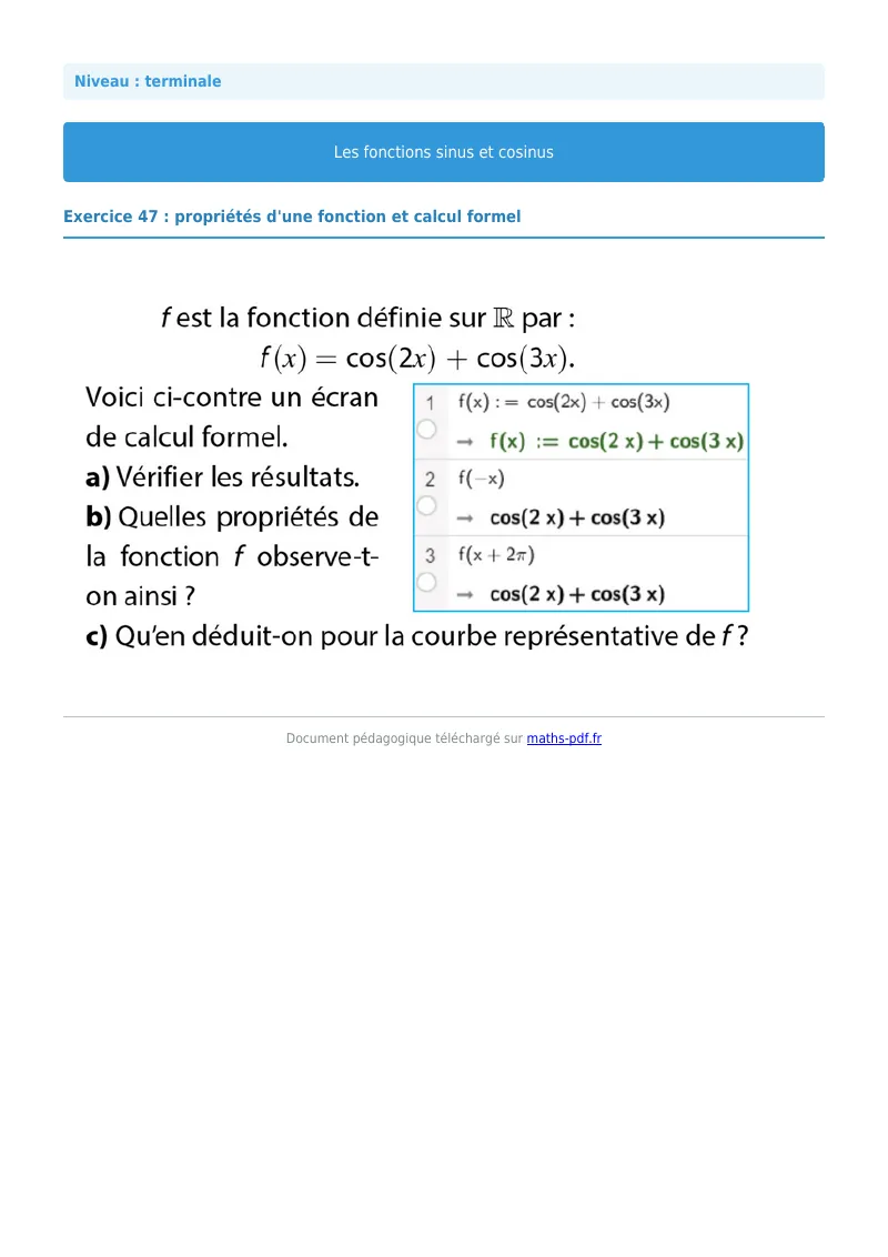 Fonctions sinus et cosinus : exercice n°47 de maths en terminale corrigé en PDF