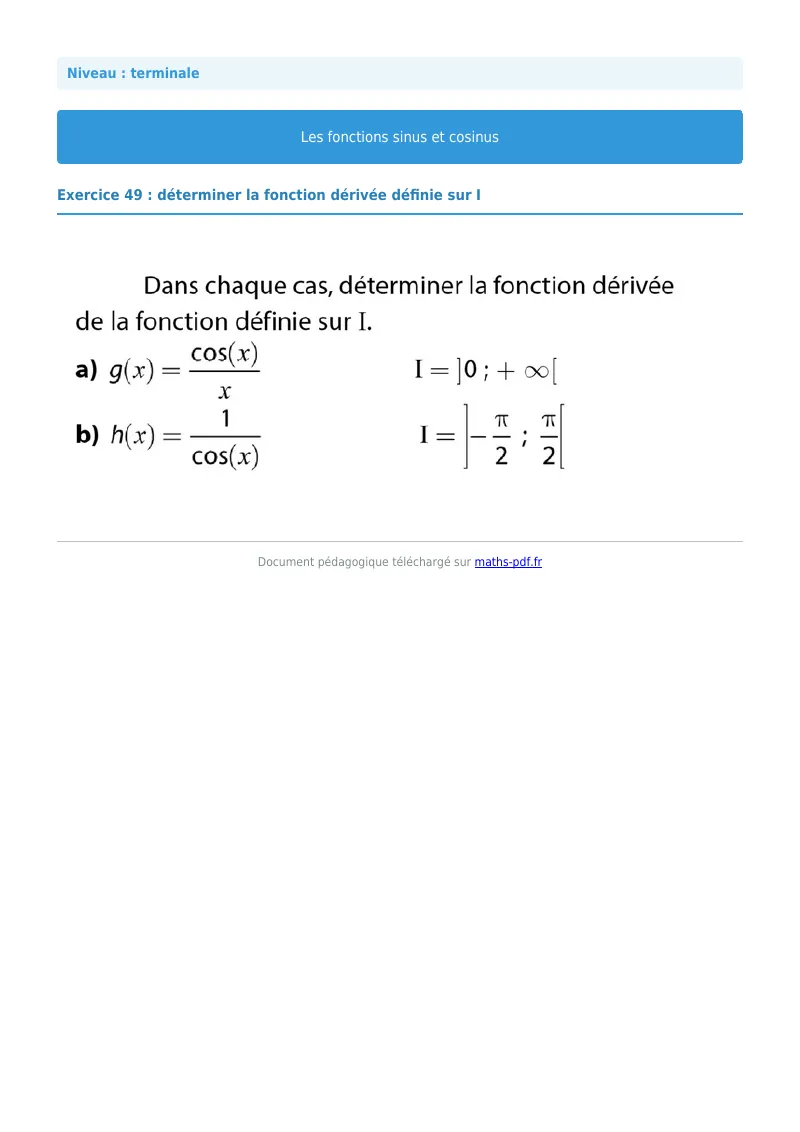 Fonctions sinus et cosinus : exercice n°49 de maths en terminale corrigé en PDF