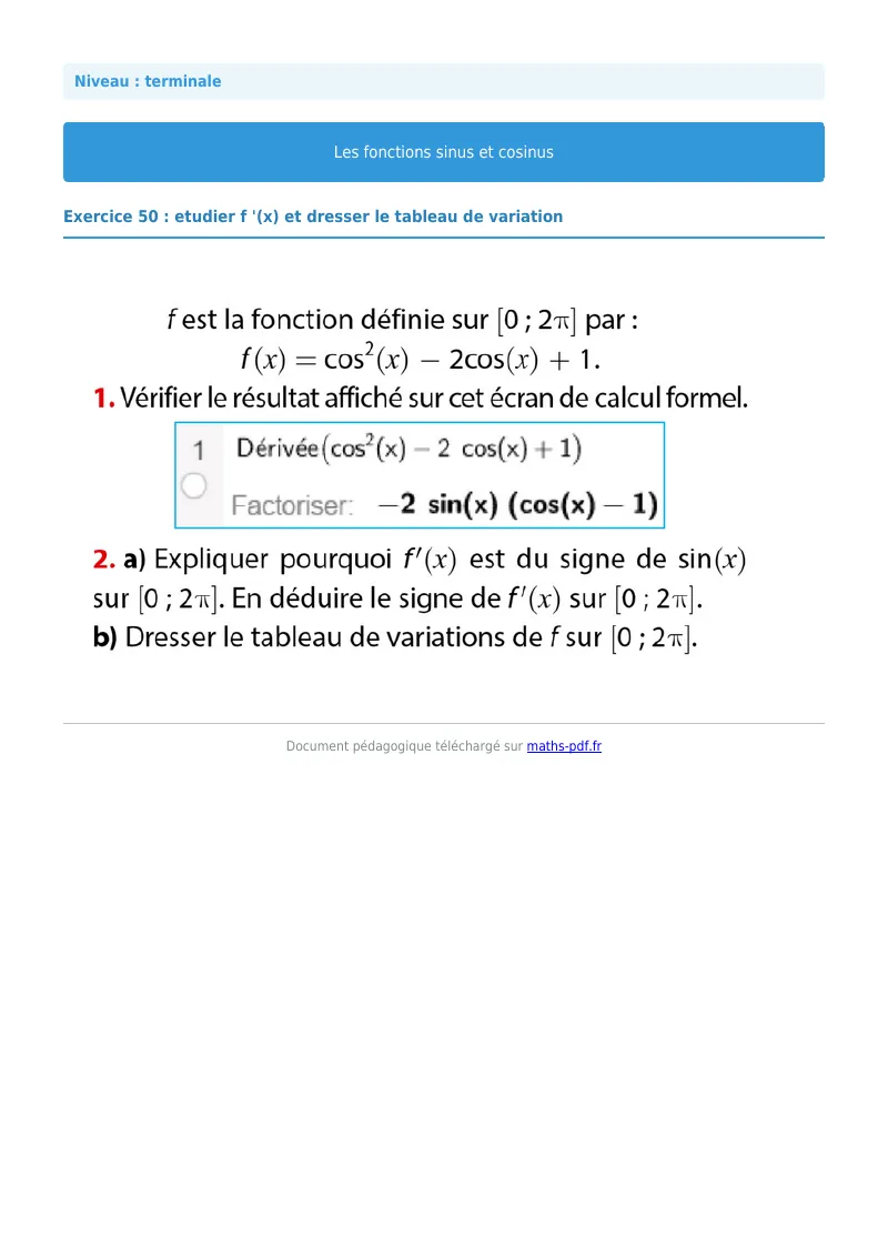 Fonctions sinus et cosinus : exercice n°50 de maths en terminale corrigé en PDF