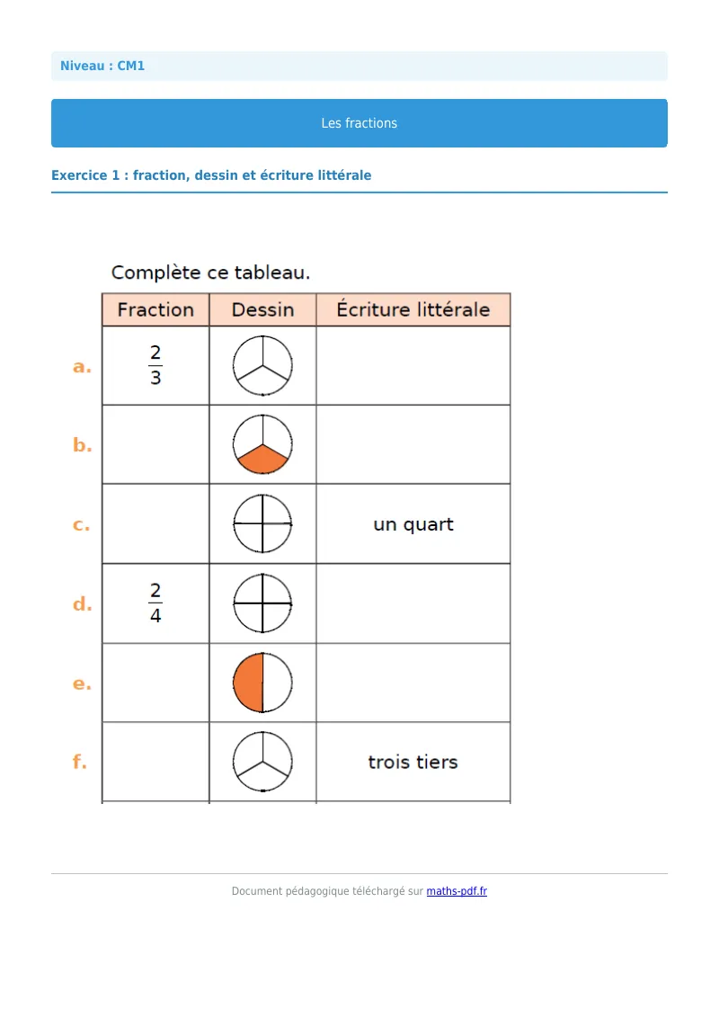Les fractions : exercice n°1 de maths en CM1 corrigé en PDF