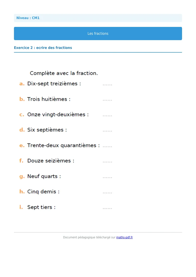 Les fractions : exercice n°2 de maths en CM1 corrigé en PDF