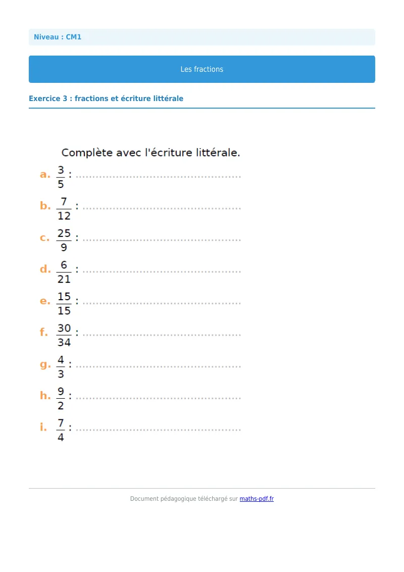 Les fractions : exercice n°3 de maths en CM1 corrigé en PDF