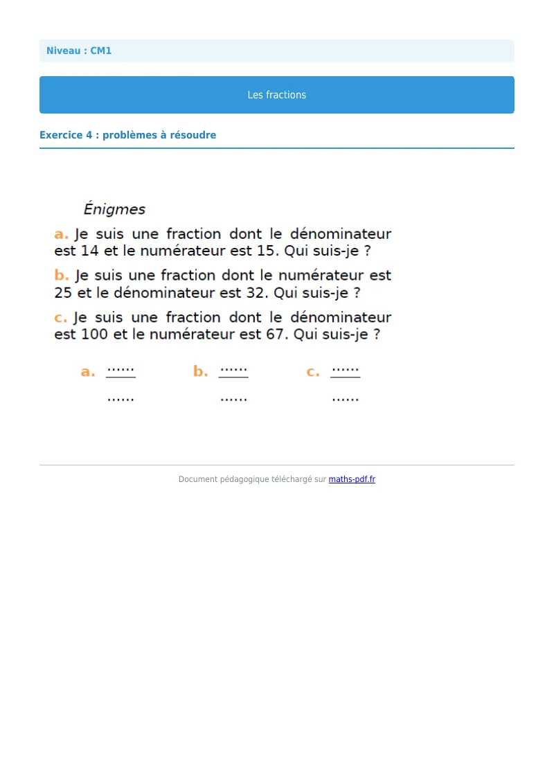 Les fractions : exercice n°4 de maths en CM1 corrigé en PDF