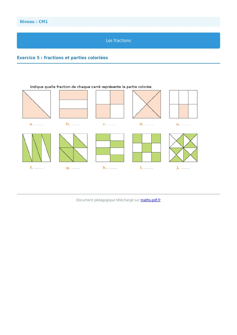 Les fractions : exercice n°5 de maths en CM1 corrigé en PDF