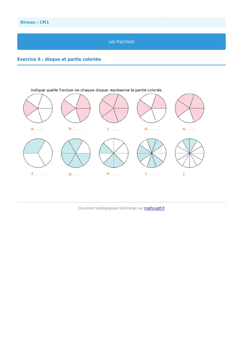 Les fractions : exercice n°6 de maths en CM1 corrigé en PDF