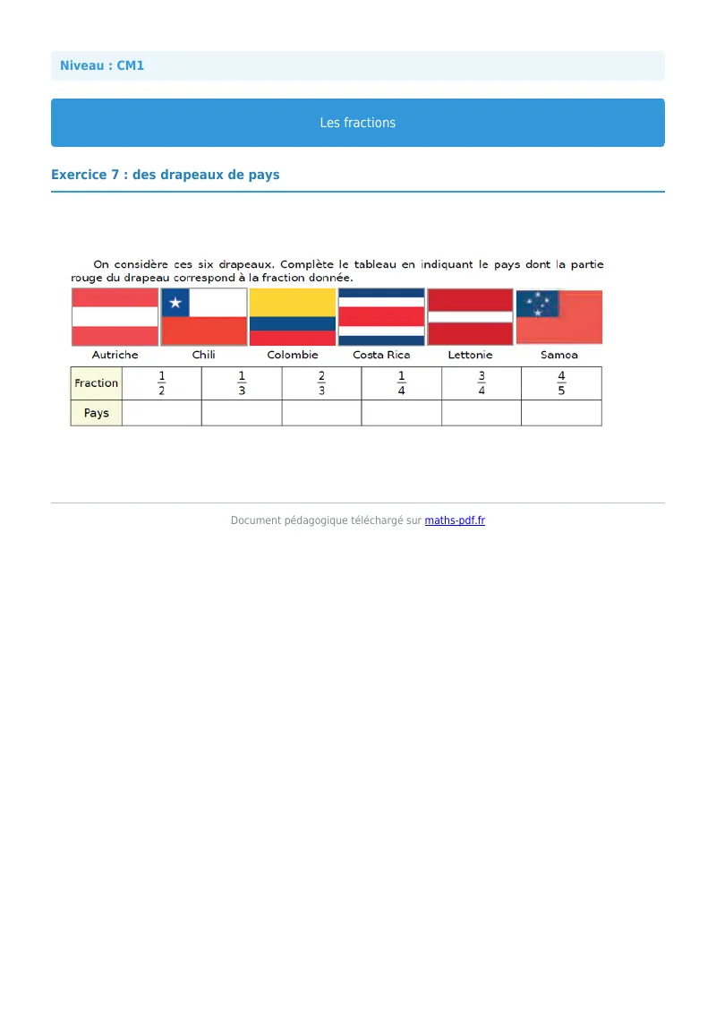 Les fractions : exercice n°7 de maths en CM1 corrigé en PDF