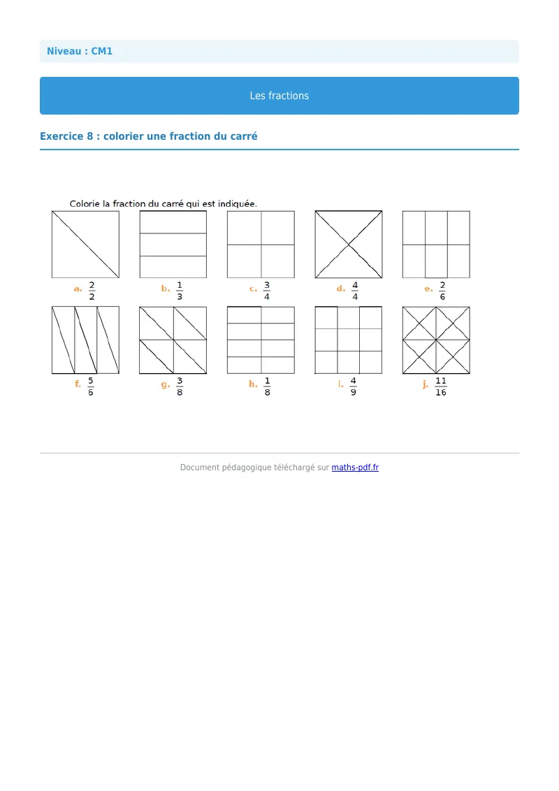 Les fractions : exercice n°8 de maths en CM1 corrigé en PDF