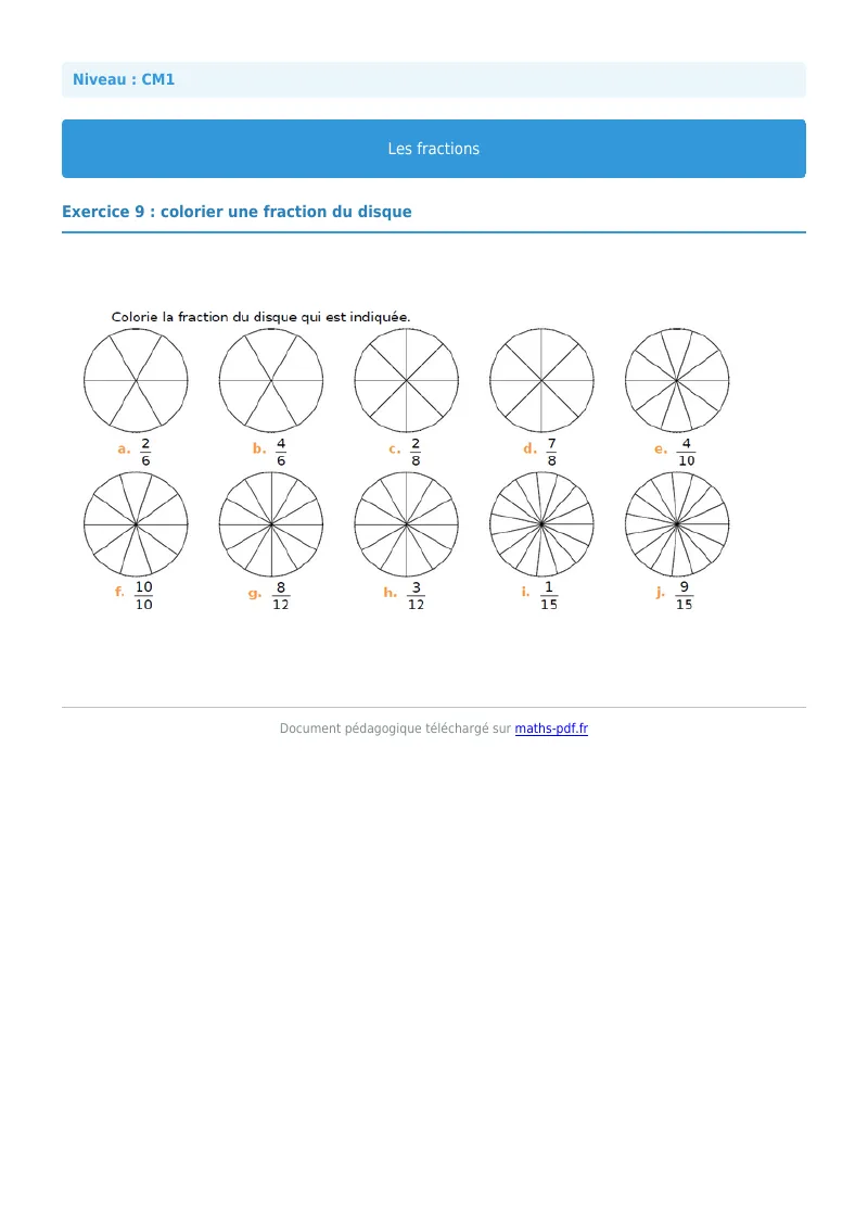 Les fractions : exercice n°9 de maths en CM1 corrigé en PDF