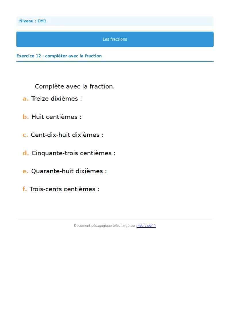 Les fractions : exercice n°12 de maths en CM1 corrigé en PDF