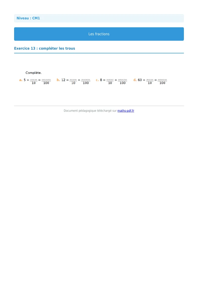 Les fractions : exercice n°13 de maths en CM1 corrigé en PDF