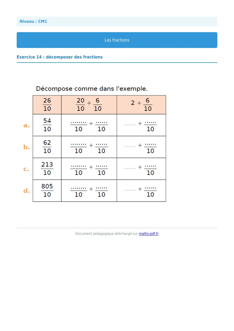 Les fractions : exercice n°14 de maths en CM1 corrigé en PDF