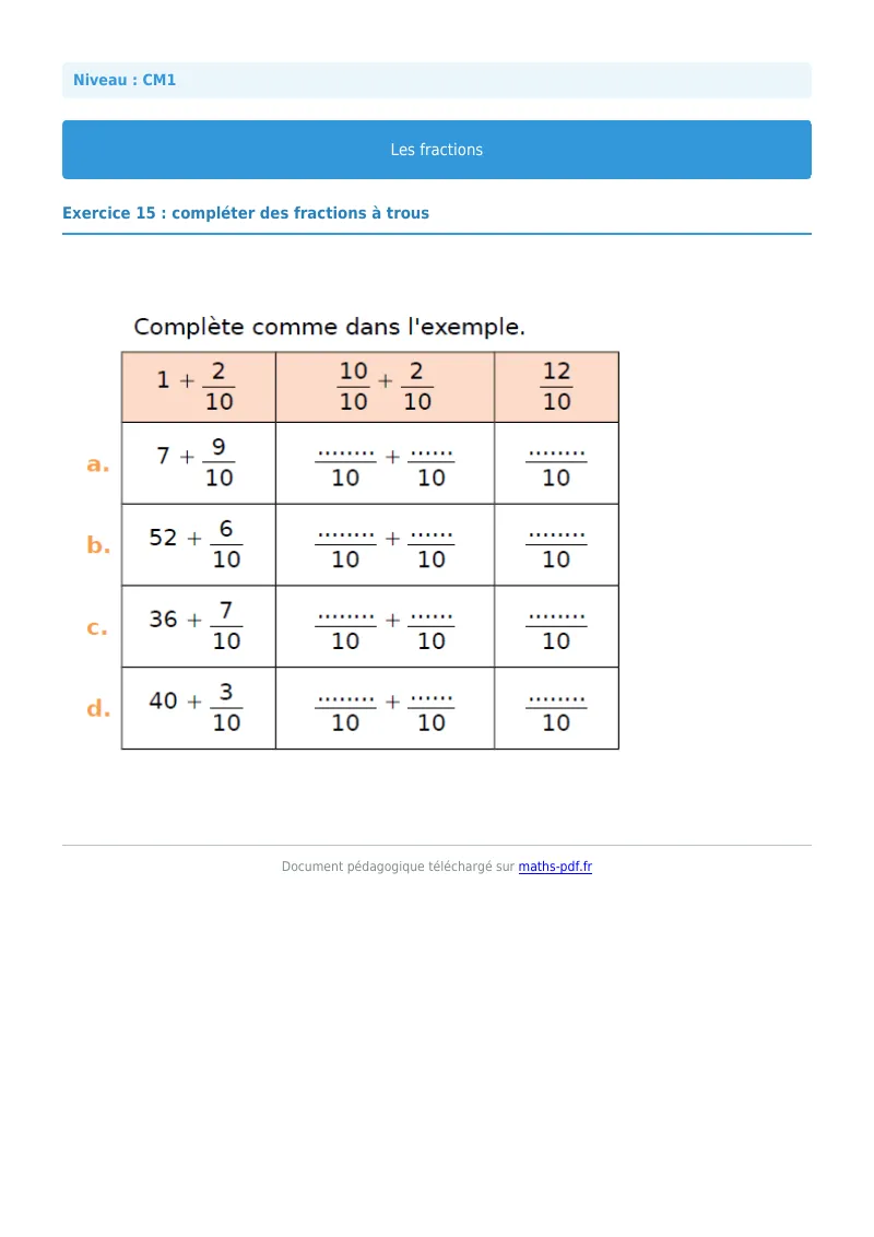 Les fractions : exercice n°15 de maths en CM1 corrigé en PDF