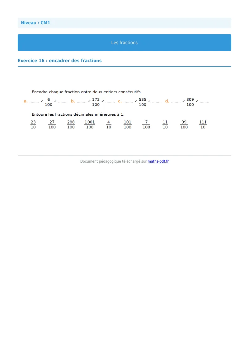 Les fractions : exercice n°16 de maths en CM1 corrigé en PDF