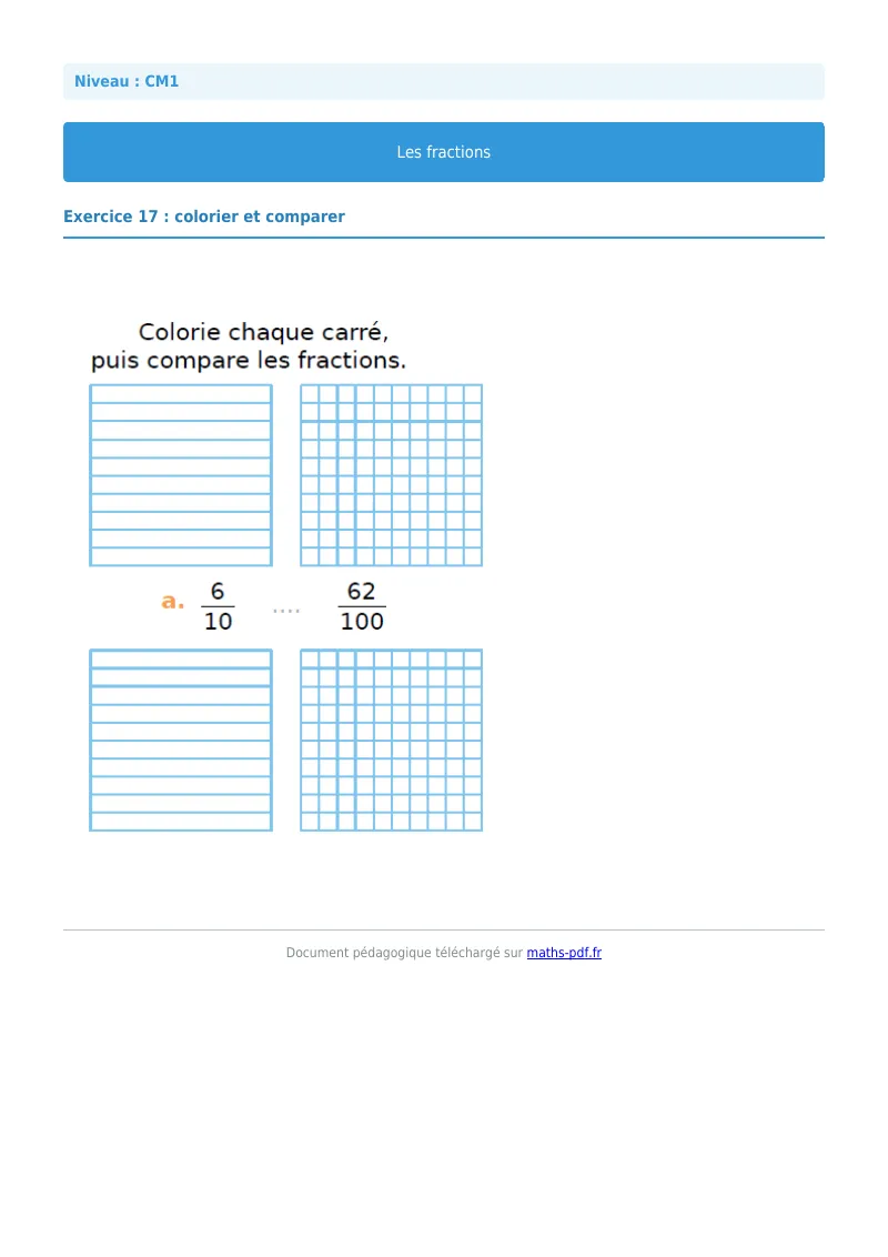 Les fractions : exercice n°17 de maths en CM1 corrigé en PDF