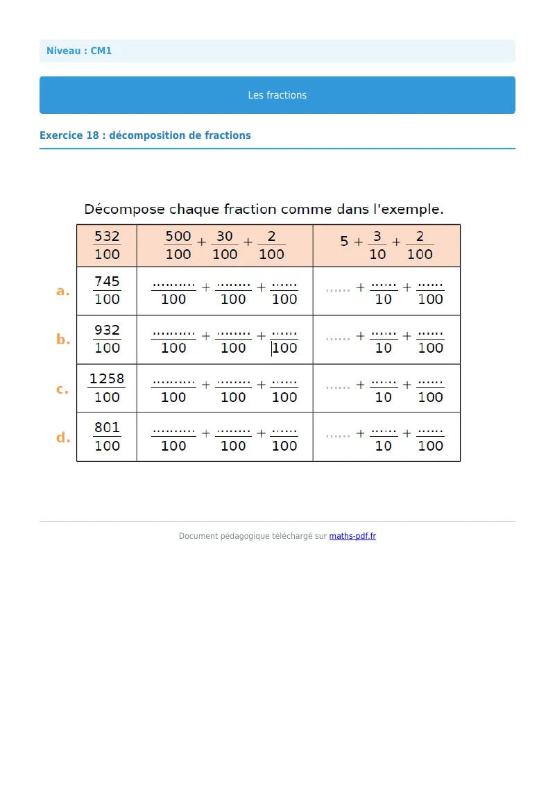 Les fractions : exercice n°18 de maths en CM1 corrigé en PDF