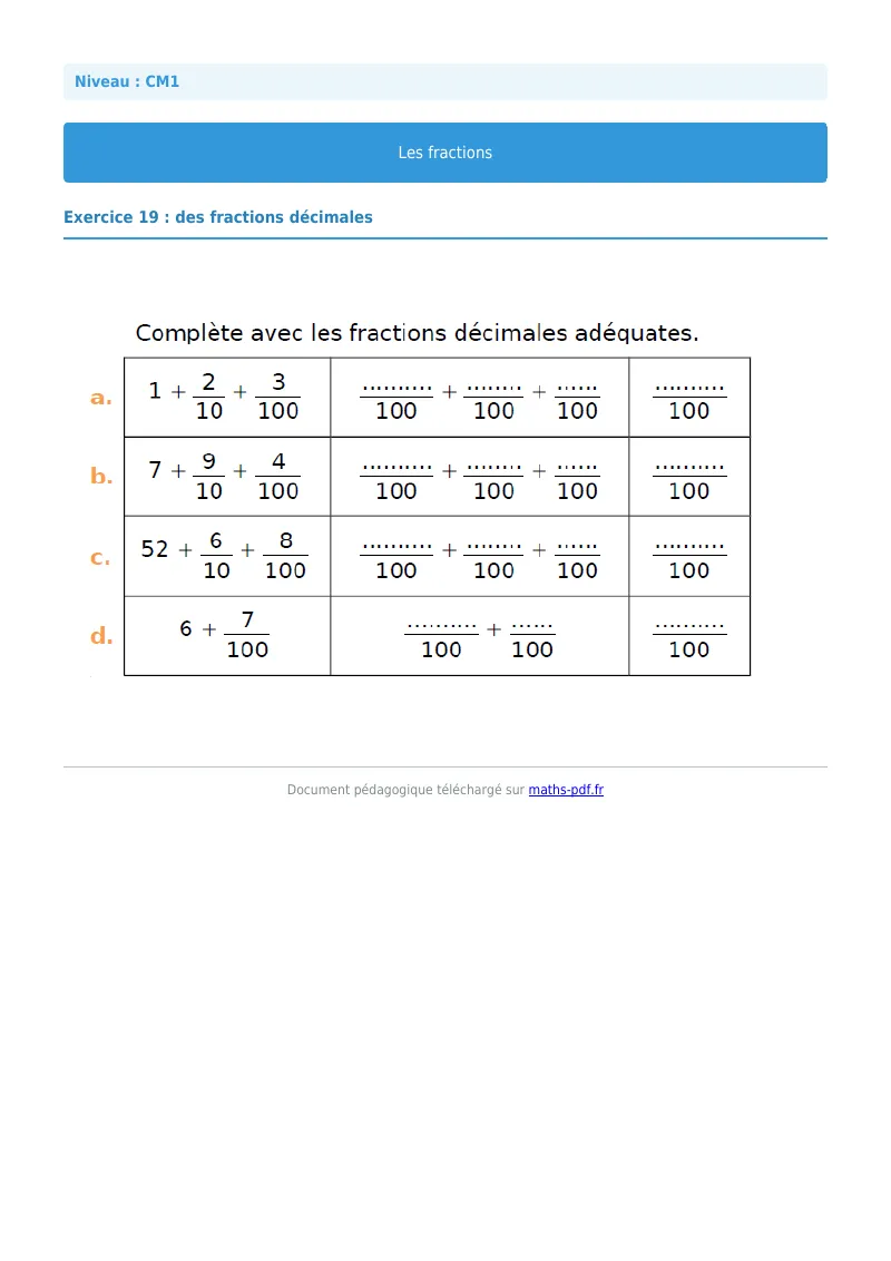 Les fractions : exercice n°19 de maths en CM1 corrigé en PDF