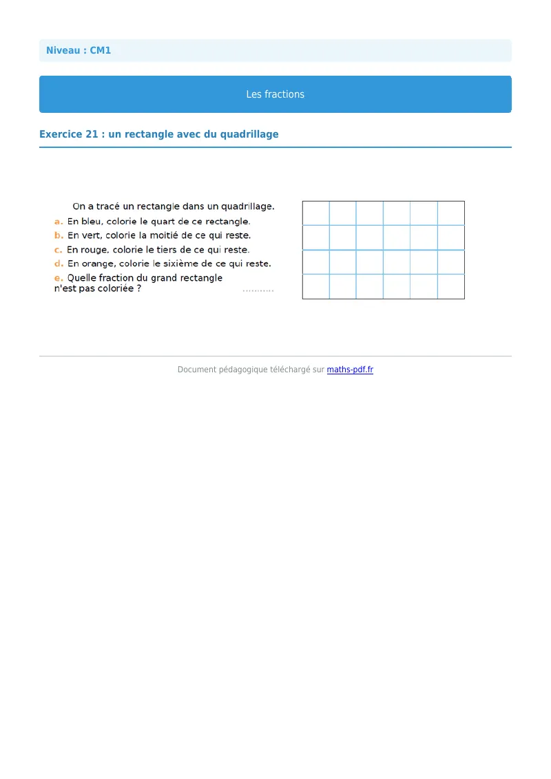 Les fractions : exercice n°21 de maths en CM1 corrigé en PDF