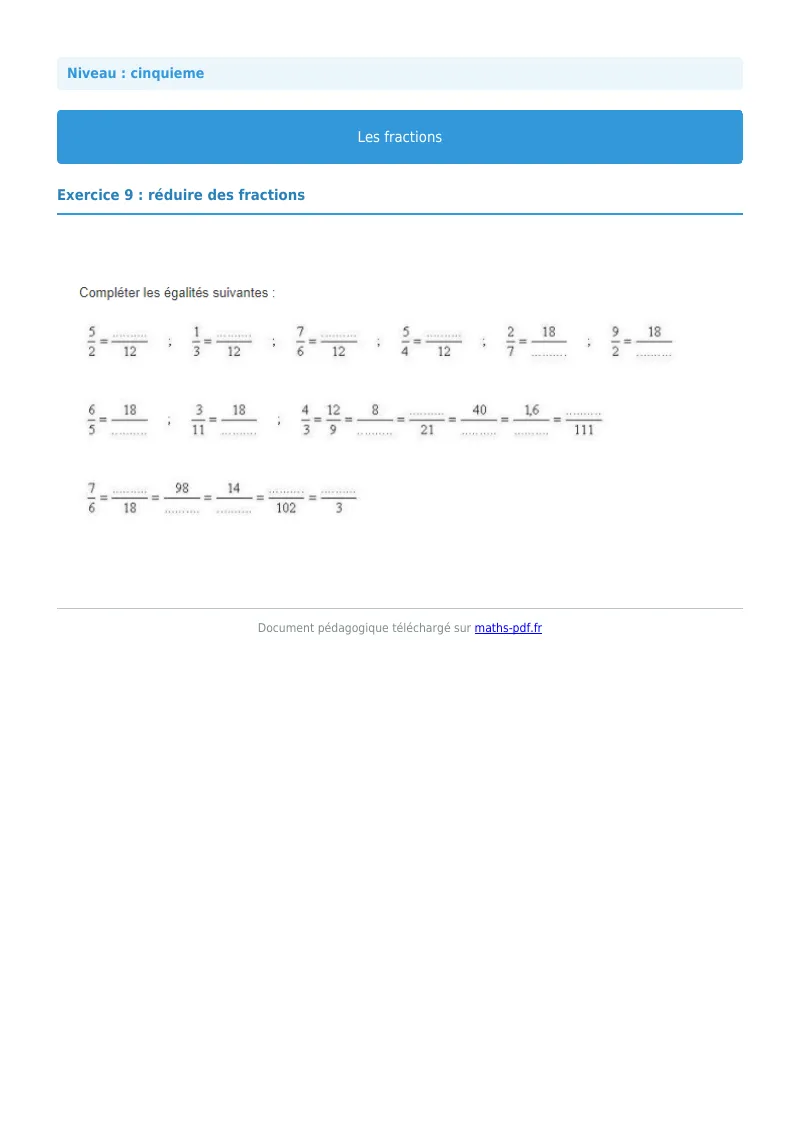 Fractions : exercice n°9 de maths en 5ème corrigé en PDF