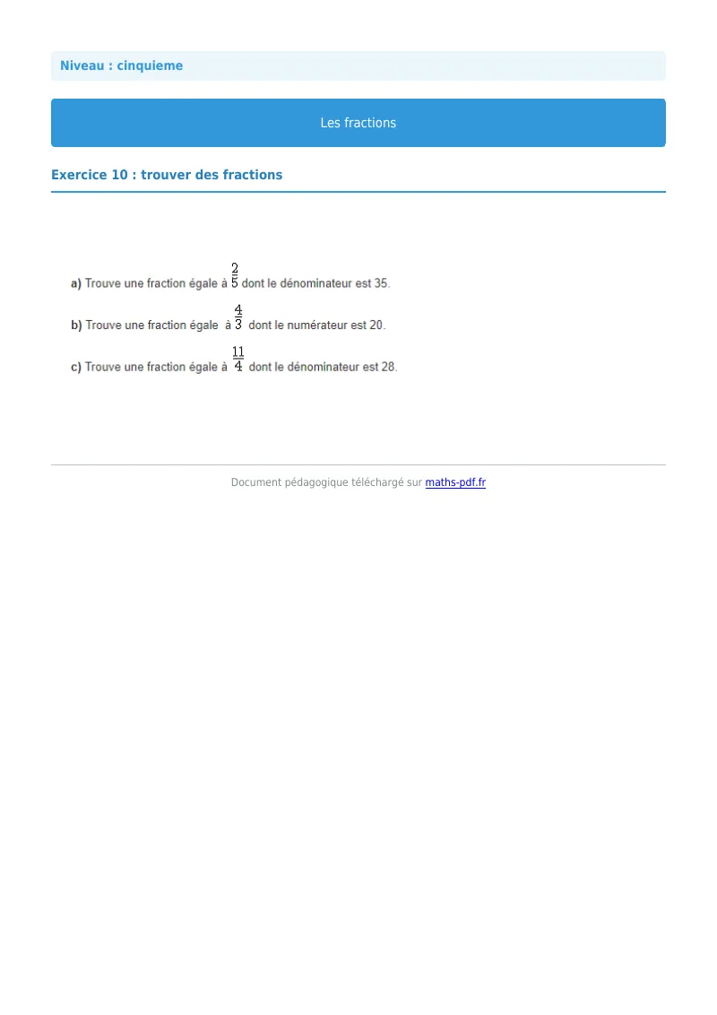Fractions : exercice n°10 de maths en 5ème corrigé en PDF