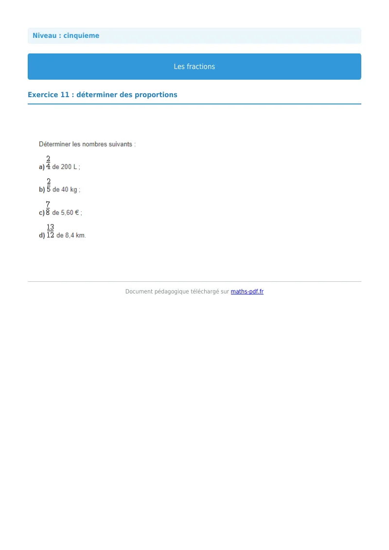 Fractions : exercice n°11 de maths en 5ème corrigé en PDF