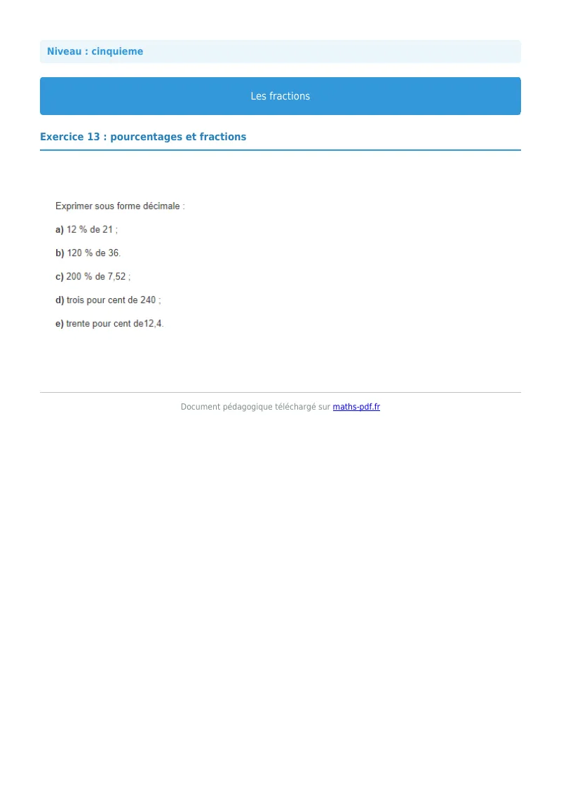 Fractions : exercice n°13 de maths en 5ème corrigé en PDF
