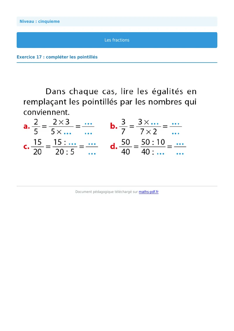 Fractions : exercice n°17 de maths en 5ème corrigé en PDF