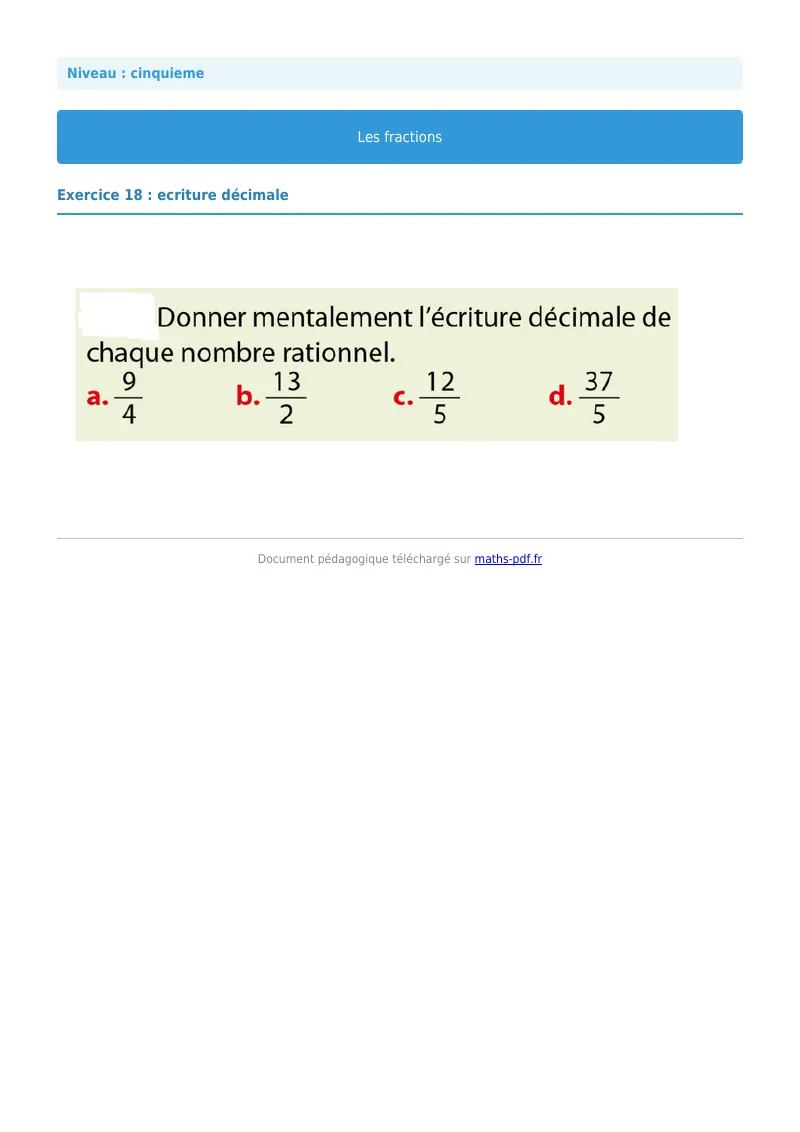 Fractions : exercice n°18 de maths en 5ème corrigé en PDF